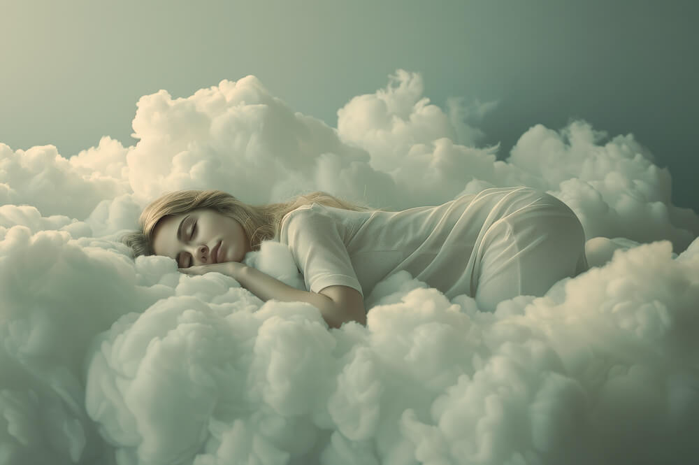 En kvinna sover och drömmer på ett moln
